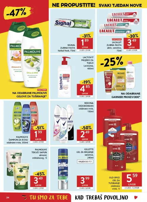 Konzum katalog — stranica 34: PALMOLIVE ŠAMPON ZA KOSU odabrane vrste, REXONA DEZODORANS odabrane vrste, PALMOLIVE TEKUĆI SAPUN almond, milk&honey, Signal ZUBNA PASTA HERBAL FRESH (vrijedi 24. 06. 2026.–30. 06. 2026.)
