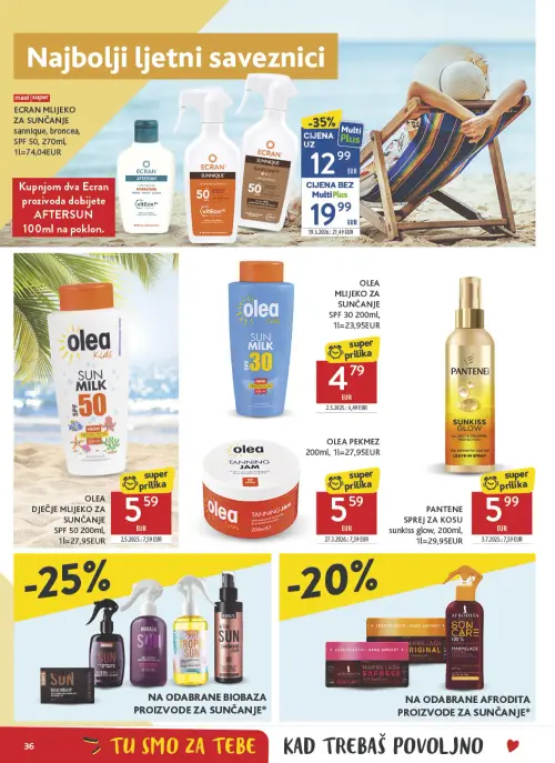 Konzum katalog — stranica 36: ECRAN ECRAN MLIJEKO ZA SUNČANJE sannlque, broncea, SPF 50, 270ml, olea OLEA MLIJEKO ZA SUNČANJE SPF 50 200ml, olea OLEA PEKMEZ 200ml, olea OLEA MLIJEKO ZA SUNČANJE SPF 30 200ml (vrijedi 24. 06. 2026.–30. 06. 2026.)