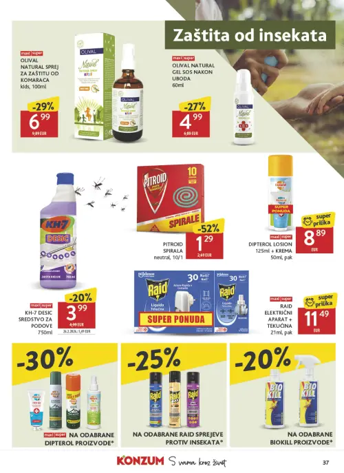 Konzum katalog — stranica 37: Pitroid PITROID SPIRALA neutral, Olival OLIVAL NATURAL SPREJ ZA ZAŠTITU OD KOMARACA kids, Olival OLIVAL NATURAL GEL SOS NAKON UBODA, KH-7 KH-7 DESIC SREDSTVO ZA PODOVE (vrijedi 24. 06. 2026.–30. 06. 2026.)