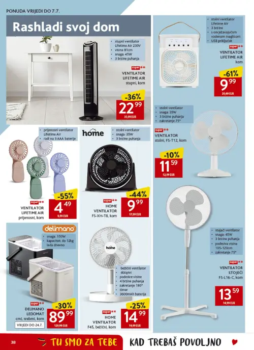 Konzum katalog — stranica 38: VENTILATOR LIFETIME AIR kom, VENTILATOR LIFETIME AIR prijenosni, kom, HOME HOME VENTILATOR FS-XH-T8, kom, VENTILATOR LIFETIME AIR stupni, kom (vrijedi 24. 06. 2026.–30. 06. 2026.)