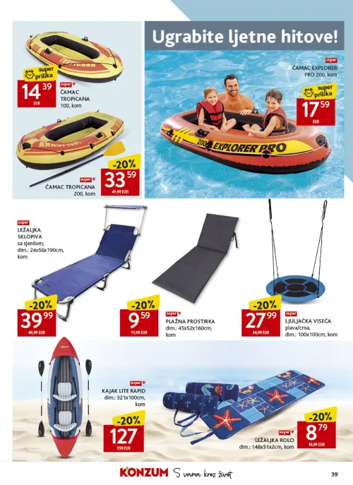 Konzum katalog — stranica 39: LJULJAČKA VISEĆA, PLAŽNA PROSTIRKA, LEŽALJKA ROLO, LEŽALJKA SKLOPIVA (vrijedi 24. 06. 2026.–30. 06. 2026.)
