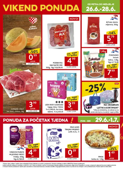 Konzum katalog — stranica 47: DINJA, Čokolino ČOKOLINO Instant kašlica, SVINJSKI VRAT bez kosti, rinfuza, PINSA šunka-sir (vrijedi 24. 06. 2026.–30. 06. 2026.)