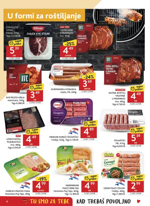 Konzum katalog — stranica 6: Ave LESKOVAČKA PLJESKAVICA, Ave SOČNA ROŠTILJ VRATINA U MARINADI, AVE PILEĆA KRILA MARINIRANA, Ave SOČNI KARE U MARINADI (vrijedi 24. 06. 2026.–30. 06. 2026.)