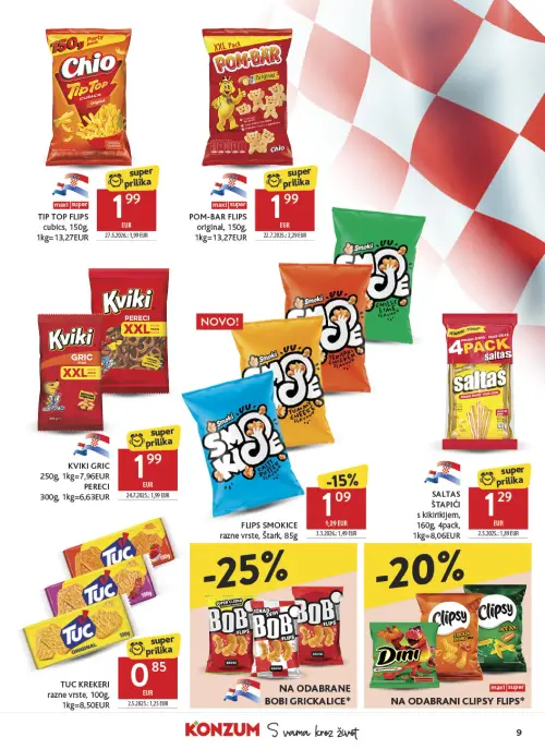 Konzum katalog — stranica 9: Tuc Tuc Krekeri razne vrste, Saltas Saltas Štapići s kikirikijem (vrijedi 24. 06. 2026.–30. 06. 2026.)