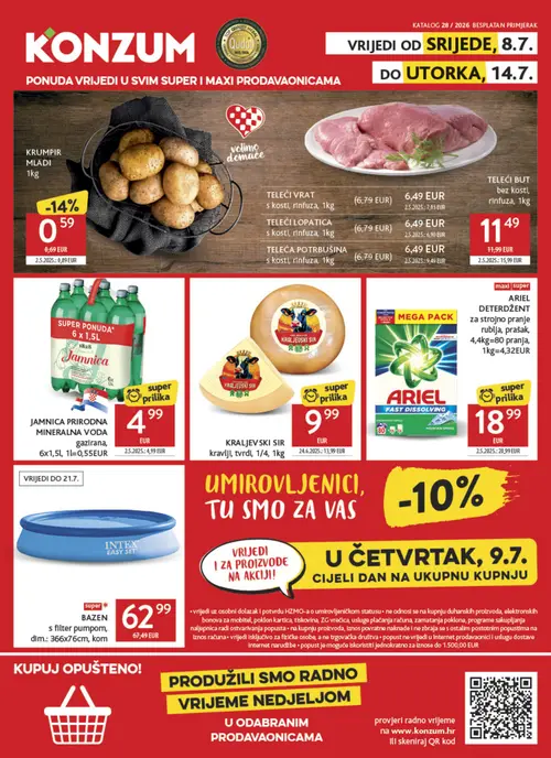 Konzum katalog — stranica 1: KRUMPIR MLADI, TELEĆA POTRBUŠINA s kostI, rInfUza, 1kg, KRALJEVSKI SIR KRALJEVSKI SIR kravlji, tvrdi, 1/4, 1kg, TELEĆI BUT BEZ Kosti, rInfUza, 1kg (vrijedi 08. 07. 2026.–14. 07. 2026.)