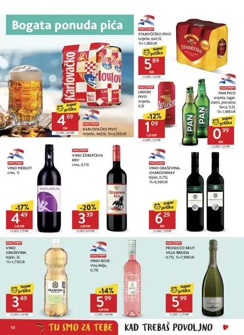 Konzum katalog — stranica 10: Villa Braida PROSECCO BRUT VILLA BRAIDA, Grassevina VINO GRAŠEVINA bijelo, VINO ŽDREPČEVA KRV crno, Pan PAN PIVO svijetlo, lager, zlatni, povratna boca (vrijedi 08. 07. 2026.–14. 07. 2026.)