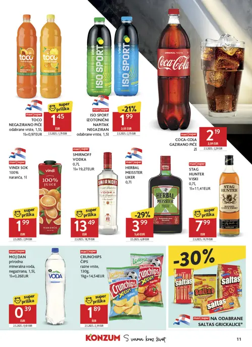 Konzum katalog — stranica 11: vindi VINDI SOK 100% naranča, HERBAL MEISTER HERBAL MEISTER LIKER, SMIRNOFF SMIRNOFF VODKA, ISO SPORT IZOTONIČNI NAPITAK NEGAtzIRAN odabrane vrste (vrijedi 08. 07. 2026.–14. 07. 2026.)