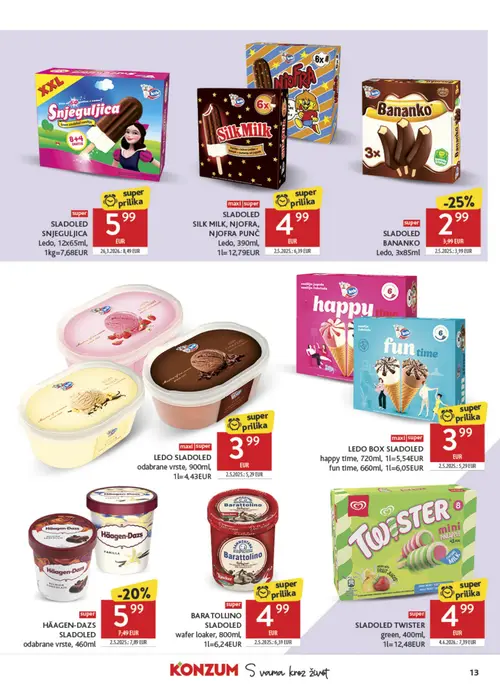 Konzum katalog — stranica 13: SLADOLED TWISTER green, 400ml, Ledo SLADOLED SNJEGULJICA Ledo, 12x65ml, Ledo SLADOLED BANANKO Ledo, 3x85ml, Ledo LEDO SLADOLED odabrane vrste, 900ml (vrijedi 08. 07. 2026.–14. 07. 2026.)