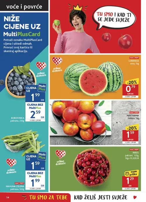 Konzum katalog — stranica 14: maxi super Ribizl pakirani, maxi super Nektarina, Borovnica pakirana, Mahuna zelena pakirana (vrijedi 08. 07. 2026.–14. 07. 2026.)