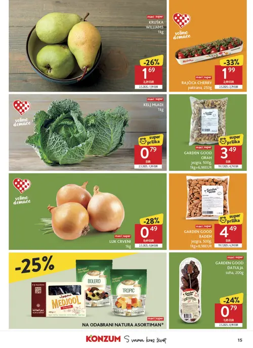 Konzum katalog — stranica 15: KELJ MLADI, LUK CRVENI, Rajaka RAJČICA CHERRY pakirana, Garden Good GARDEN GOOD ORAH Jezgra (vrijedi 08. 07. 2026.–14. 07. 2026.)