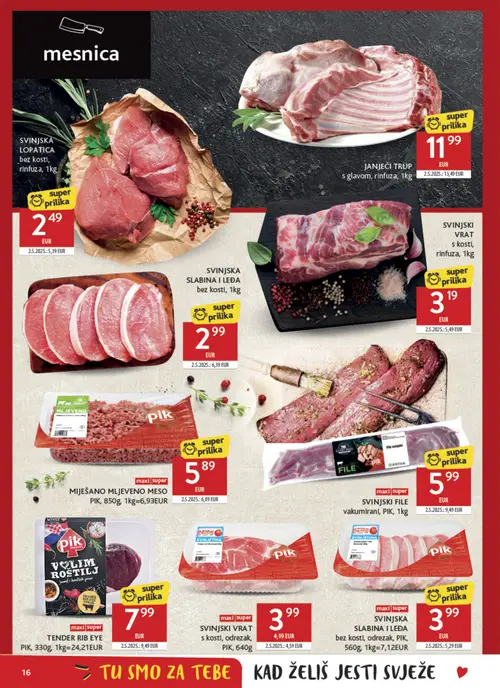 Konzum katalog — stranica 16: SVINJSKA LOPATICA bez kosti, rinfuza, SVINJSKA SLABINA I LEĐA bez kosti, pik SVINJSKA SLABINA I LEĐA bez kosti, odrezak, PIK, SVINJSKI VRAT s kosti, rinfuza (vrijedi 08. 07. 2026.–14. 07. 2026.)