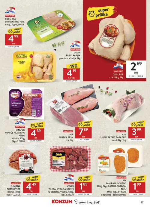 Konzum katalog — stranica 17: AiA AiA PUREĆA PRSA, Vindon VINDON PUREĆE MLJEVENO MESO, Cekin CEKIN PILEĆI RASJEK premium, Cekin CEKIN PILEĆA JETRA SA SRCEM (vrijedi 08. 07. 2026.–14. 07. 2026.)