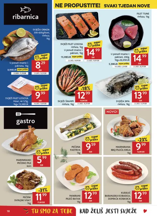 Konzum katalog — stranica 18: PEČENI SVINJSKI VRAT, MARINIRANA BBQ PILEĆA KRILA (vrijedi 08. 07. 2026.–14. 07. 2026.)