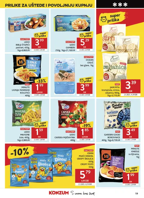 Konzum katalog — stranica 19: MINUTE LIGNJE LIGNJI KOLUTIĆI panirani, OCEAN OSLIĆ bez glave, LEDO CARSka MJEŠAVINA, JAMI PITA krumpi, širnica, željani (vrijedi 08. 07. 2026.–14. 07. 2026.)