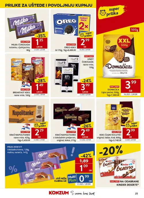 Konzum katalog — stranica 25: Milka MILKA BISKVIT čokoladna krema, 128g, malina, naranca, 147g, Milka MILKA ČOKOLADA noissette, s lješnjacima, 80g, Kraš KRAŠ NAPOLITANKE s čokoladnim preljevom, original, kokos, 215g, BREAKFAST KEKS razne vrste, 160g (vrijedi 08. 07. 2026.–14. 07. 2026.)