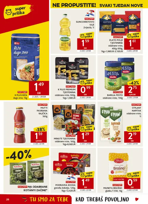 Konzum katalog — stranica 26: Barilla BARILLA PESTO odabrane vrste, ZLATOPOLJE ZLATOPOLJE TJESTENINA odabrane vrste, O'PLANT O'PLANT NAPITAK odabrane vrste, MUTTI MUTTI PASIRANA RAJČICA (vrijedi 08. 07. 2026.–14. 07. 2026.)
