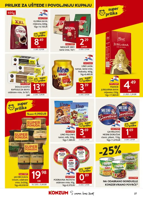 Konzum katalog — stranica 27: Podravka PODRAVKA PAŠTETA odabrane vrste, 95g, Lino LINO PILLOWS tamni, milk, 500g, Gavriloivć GAVRILOVIĆ MESNI DORUČAK classic, pikant, 150g (vrijedi 08. 07. 2026.–14. 07. 2026.)