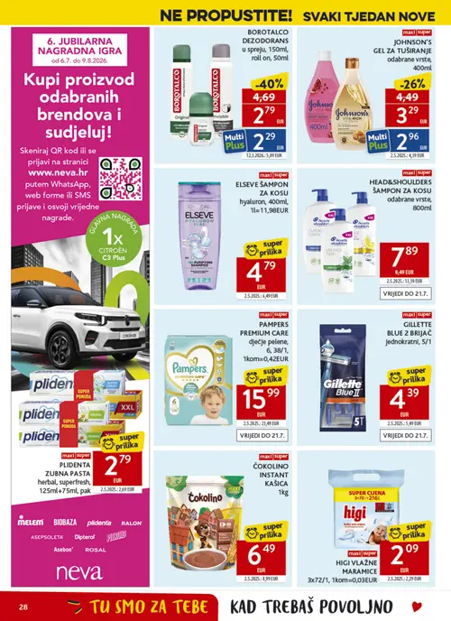 Konzum katalog — stranica 28: BOROTALCO BOROTALCO DEZODORANS u spreju, 150ml, roll on, 50ml, PAMPERS PAMPERS PREMIUM CARE dječje pelene, 6, 38/1, 1kom=0,42EUR, ČOKOLINO ČOKOLINO INSTANT KAŠICA 1kg, JOHNSON'S JOHNSON'S GEL ZA TUŠIRANJE odabrane vrste, 400ml (vrijedi 08. 07. 2026.–14. 07. 2026.)