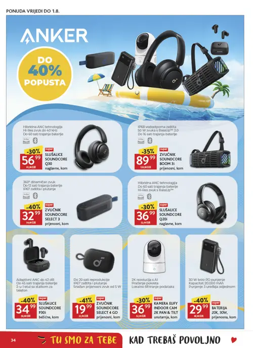 Konzum katalog — stranica 34: SOUNDCORE ZVUČNIK SOUNDCORE SELECT 4 GO prijenosni, kom, SOUNDCORE SLUŠALICE SOUNDCORE P30i bežične, kom, BATERIJA 20K, 30W, prijenosna, kom, SOUNDCORE ZVUČNIK SOUNDCORE SELECT 3 prijenosni, kom (vrijedi 08. 07. 2026.–14. 07. 2026.)