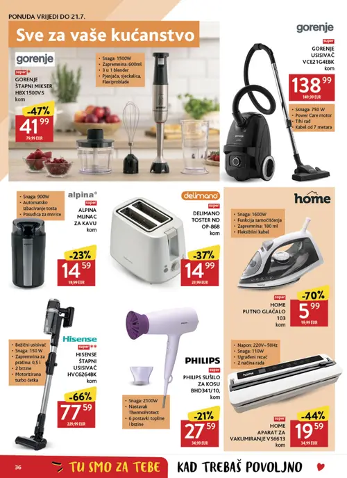Konzum katalog — stranica 36: home HOME PUTNO GLAČALO 103, hisense HISENSE ŠTAPNI USISIVAČ HVC6264BK, gorenje GORENJE ŠTAPNI MIKSER HBX1500VS, home HOME APARAT ZA VAKUMIRANJE VS6613 (vrijedi 08. 07. 2026.–14. 07. 2026.)