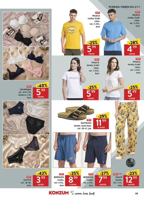 Konzum katalog — stranica 39: GAĆICE, GRUDNJAK, NATIKAČE ženske, razne boje, MAJICA muška, kratkl rukav (vrijedi 08. 07. 2026.–14. 07. 2026.)