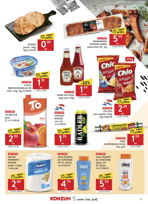Konzum katalog — stranica 7: Natur NATUR PAPIRNATI RUČNIK Jumbo, HEINZ HEINZ KETCHUP blagi, ljuti, FINO ALUMINIJSKA FOLIJA, PIK MARINIRANA SVINJSKA REBRA vakumirana (vrijedi 08. 07. 2026.–14. 07. 2026.)