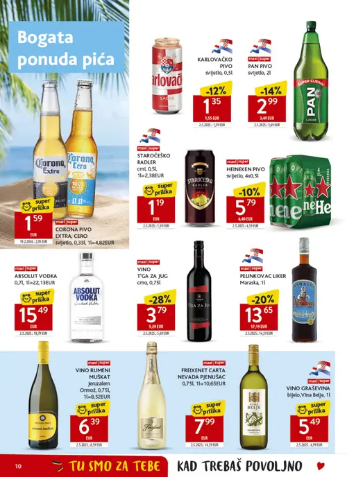 Konzum katalog — stranica 10: T'ga za Jug VINO T'GA ZA JUG crno, Jeruzalem Ormož VINO RUMENI MUŠKAT Jeruzalem Ormož, Staropramen STAROČEŠKO RADLER crni, Freixenet FREIXENET CARTA NEVADA Pjenušac (vrijedi 15. 07. 2026.–21. 07. 2026.)