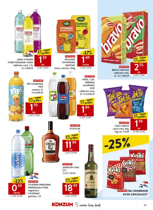 Konzum katalog — stranica 11: STOCK 84, MOJ DAN VITAMINSKI NAPITAK limun, STUDENAC STUDENA PRIRODNA MINERALNA VODA negazirana, TAKIS SNACK razne vrste (vrijedi 15. 07. 2026.–21. 07. 2026.)