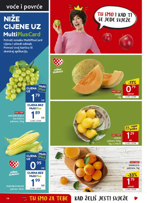Konzum katalog — stranica 14: Kukuruz mladi pakirani, Marelice pakirane, Grožđe bijelo bez koštica, pakirano (vrijedi 15. 07. 2026.–21. 07. 2026.)