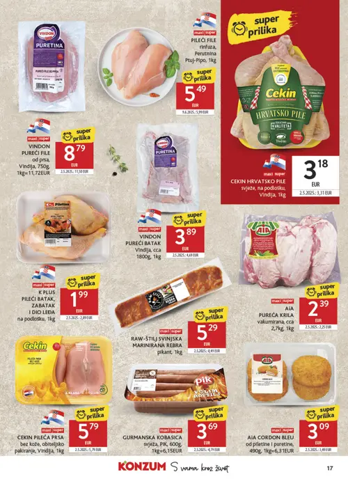 Konzum katalog — stranica 17: RAW-ŠTILJ SVINJSKA MARINIRANA REBRA, K PLUS PILEĆI BATAK, ZABATAK I DIO LEĐA, VINDON PUREĆI FILE od prsa, PIK GURMANSKA KOBASICA (vrijedi 15. 07. 2026.–21. 07. 2026.)