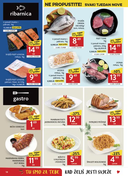 Konzum katalog — stranica 18: PANIRANI FILETI JADRANSKOG INĆUNA, FILET TUNE, SVJEŽI FILET LOSOSA, RIŽOTO S PILETINOM I POVRĆEM (vrijedi 15. 07. 2026.–21. 07. 2026.)