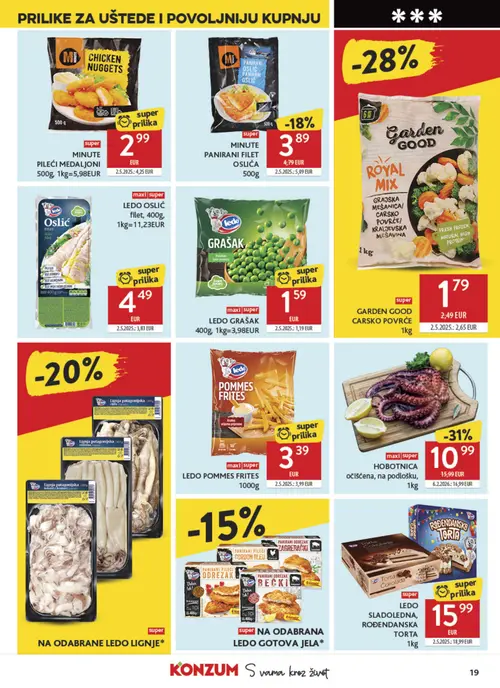Konzum katalog — stranica 19: HOBOTNICA očišćena, na podlošku, GARDEN GOOD GARDEN GOOD CARSKO POVRĆE, MINUTE MINUTE PILEĆI MEDALJONI, MINUTE MINUTE PANIRANI FILET OSLIĆA (vrijedi 15. 07. 2026.–21. 07. 2026.)