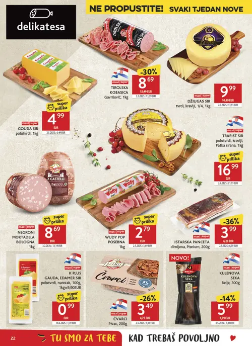 Konzum katalog — stranica 22: ISTARSKA PANCETA dimljena, Plsnlum, 4 CASTELLI NEGRONI MORTADELA BOLOGNA, Gavrlović TIROLSKA KOBASICA, K PLUS GAUDA, EDAMER SIR polutvrdi, narezak (vrijedi 15. 07. 2026.–21. 07. 2026.)