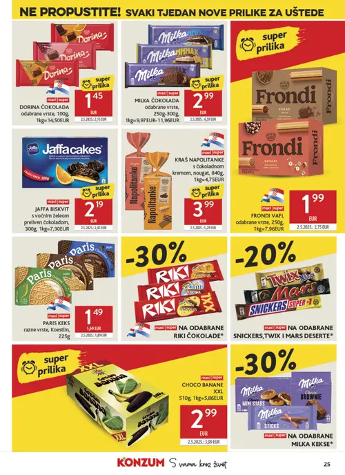 Konzum katalog — stranica 25: Milka MILKA ČOKOLADA odabrane vrste, DORINA ČOKOLADA odabrane vrste, Frondi FRONDI VAFL, CHOCO BANANE (vrijedi 15. 07. 2026.–21. 07. 2026.)