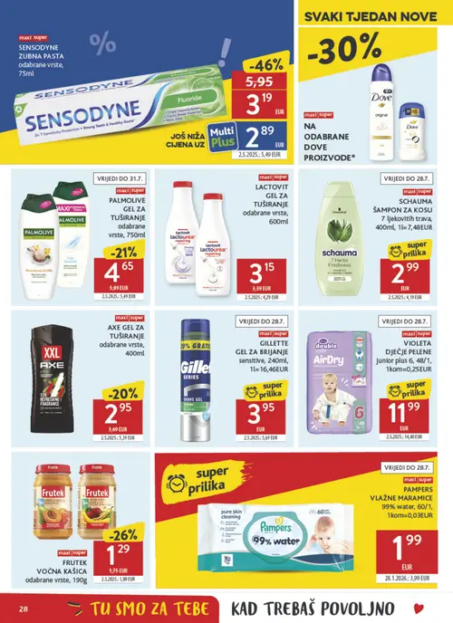 Konzum katalog — stranica 28: Pampers PAMPERS VLAŽNE MARAMICE 99% water, 60/1, 1kom=0,03EUR, Sensodyne SENSODYNE ZUBNA PASTA odabrane vrste, 75ml, Gillette GILLETTE GEL ZA BRIJANJE sensitive, 240ml, 1L=16,46EUR, Schauma SCHAUMA ŠAMPON ZA KOSU 7 ljekovitih trava, 400ml, 1L=7,48EUR (vrijedi 15. 07. 2026.–21. 07. 2026.)