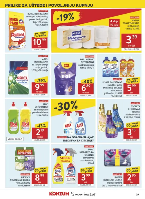 Konzum katalog — stranica 29: MERI MERI MERINO DETERDŽENT za strojno pranje rublja, color, 4l, ARIEL ARIEL DETERDŽENT za strojno pranje rublja, prašak, 1,65kg=30 pranja, Violeta VIOLETA OMEKŠIVAČ za rublje, odabrane vrste, 1,55l, 1l=2,03EUR, Lenor LENOR OMEKŠIVAČ za rublje, spring awakening, 2x1,239l, 1l=2,42EUR, gold orchid, 2x987l, 1l=3,03EUR (vrijedi 15. 07. 2026.–21. 07. 2026.)