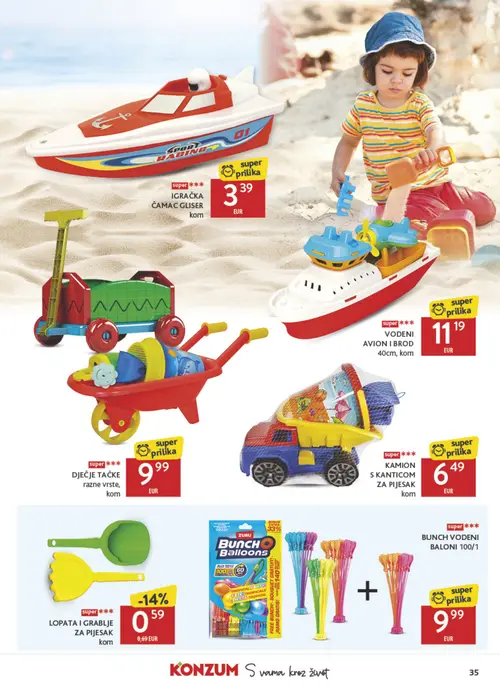 Konzum katalog — stranica 35: LOPATE I GRABLJE ZA PIJESAK (vrijedi 15. 07. 2026.–21. 07. 2026.)