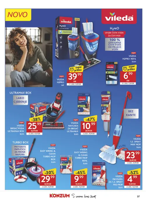 Konzum katalog — stranica 37: vileda VILEDA NAVLAKA ZA 1.2. SPRAY PRO MOP, vileda VILEDA H2PRO REFIL, vileda VILEDA NAVLAKA ZA BRISAČ ULTRA MAX, vileda VILEDA TURBO MOP REFIL (vrijedi 15. 07. 2026.–21. 07. 2026.)