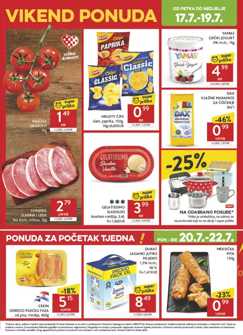 Konzum katalog — stranica 41: SVINJSKA SLABINA I LEĐA bez kosti, rinfuza, 1kg, DAX VLAŽNE MARAMICE ZA ČIŠĆENJE 80/1, RAJČICA GRAPOLO, MEKSIČKA PITA 150g (vrijedi 15. 07. 2026.–21. 07. 2026.)