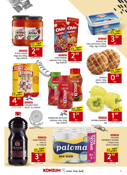 Konzum katalog — stranica 7: PAPRIKA BABURA 1kg, PODRAVKA PODRAVKA KETCHUP odabrane vrste, 500g, 1kg=2,58EUR, VRANAC VINO VRANAC crno, 2l, 1l=1,60EUR, PRESIDENT SALAKIS SIR meki, punomasni, Dukat, 250g, 1kg=15,96EUR (vrijedi 15. 07. 2026.–21. 07. 2026.)