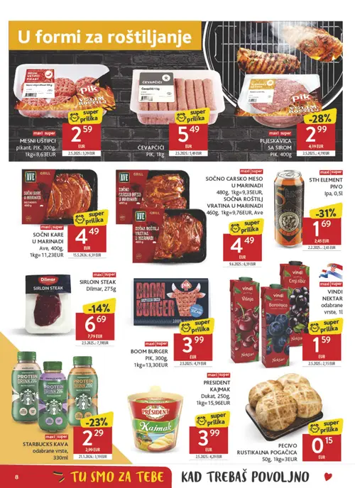 Konzum katalog — stranica 8: 5th element 5TH ELEMENT PIVO Ipa, Ave SOČNO CARSKO MESO U MARINADI, Ave SOČNI KARE U MARINADI Ave, 400g, Pik PLJESKAVICA SA SIROM PIK, 400g (vrijedi 15. 07. 2026.–21. 07. 2026.)