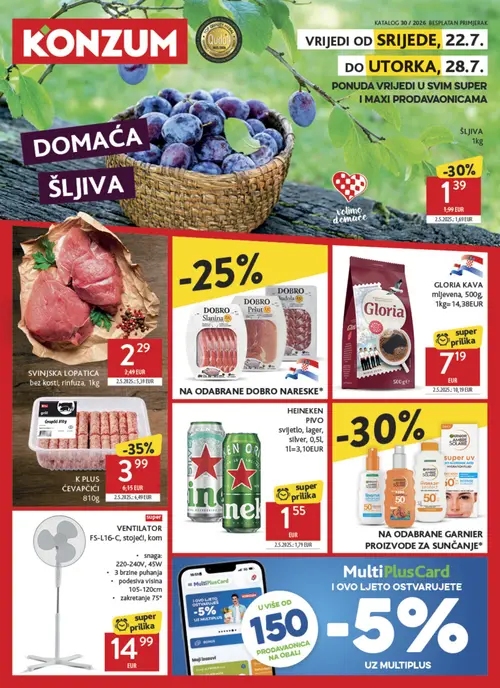Konzum katalog — stranica 1: K PLUS K Plus čevapčići, Šljiva, Gloria Gloria kava mljevena (vrijedi 22. 07. 2026.–28. 07. 2026.)