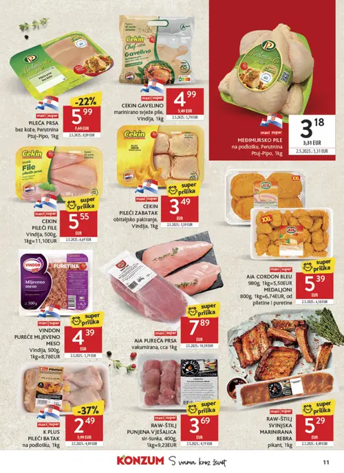 Konzum katalog — stranica 11: K PLUS K PLUS PILEĆI BATAK na podlošku, RAW-ŠTILJ RAW-ŠTILJ SVINJSKA MARINIRANA REBRA plkant, Cekin CEKIN PILEĆI ZABATAK obiteljsko pakiranje, Vindija, AiA AiA PUREĆA PRSA vakumirana, cca (vrijedi 22. 07. 2026.–28. 07. 2026.)