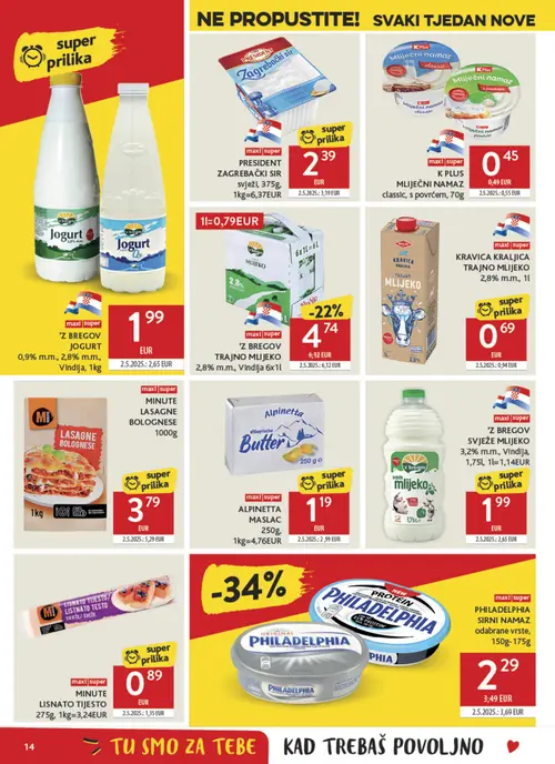 Konzum katalog — stranica 14: ALPINETTA ALPINETTA MASLAC, PHILADELPHIA PHILADELPHIA SIRNI NAMAZ odabrane vrste, MINUTE MINUTE LISNATO TIJESTO, MINUTE MINUTE LASAGNE BOLOGNESE (vrijedi 22. 07. 2026.–28. 07. 2026.)