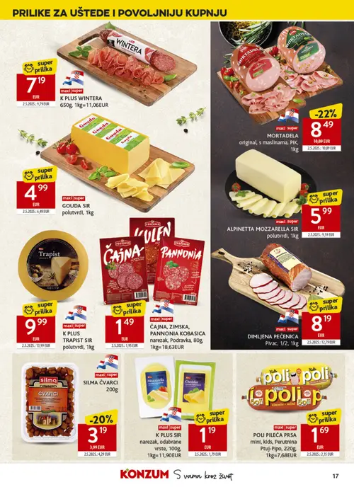 Konzum katalog — stranica 17: ALPHINETTA MOZZARELLA SIR polutvrdi, Pivac DIMLJENA PEČENICA Pivac, K PLUS K PLUS SIR narezak, odabrane vrste, K PLUS K PLUS TRAPIST SIR polutvrdi (vrijedi 22. 07. 2026.–28. 07. 2026.)
