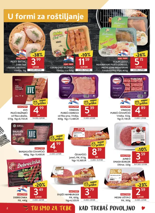 Konzum katalog — stranica 2: PILEĆI BATAK, ZABATAK s kožom, otkošteni, AVE PILEĆI RAŽNJIĆI od filea zabatka, Perutnina Ptuj MARINIRANI PILEĆI ODRESCI, MEDALJONI MEDITERAN, PIK MESNI UŠTIPCI (vrijedi 22. 07. 2026.–28. 07. 2026.)