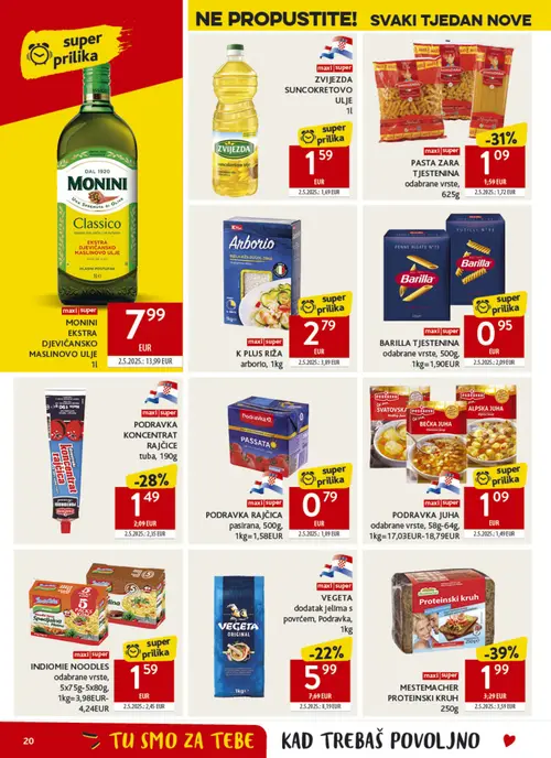 Konzum katalog — stranica 20: Barilla BARILLA TJESTENINA odabrane vrste, Mestemacher MESTEMACHER PROTEINSKI KRUH, Monini MONINI EKSTRA DJEVIČANSKO MASLINOVO ULJE, Podravka PODRAVKA KONCENTRAT RAJČICE tuba (vrijedi 22. 07. 2026.–28. 07. 2026.)