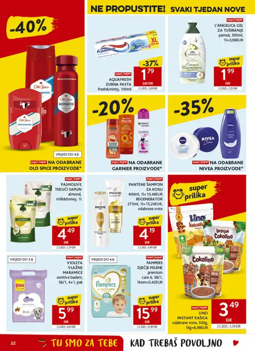 Konzum katalog — stranica 22: L'Angelica L'Angelica gel za tuširanje pamuk, Aquafresh Aquafresh zubna pasta fresh&minty, Pantene Pantene šampon za kosu, Lino Lino instant kašica odabrane vrste (vrijedi 22. 07. 2026.–28. 07. 2026.)