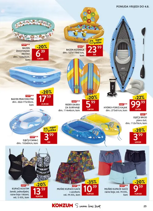 Konzum katalog — stranica 25: MUŠKE KUPAĆE GAĆE s uzorkom, HYDRO-FORCE HYDRO-FORCE KAJAK, BAZEN ŽIVOTINJSKI MOTIVI, BAZEN PRAVOKUTNI (vrijedi 22. 07. 2026.–28. 07. 2026.)