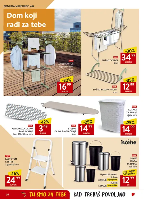 Konzum katalog — stranica 26: SUŠILO BALCONY BOLD, SUŠILO CACTUS uspravno, 16m, SUŠILO GOLDER, STUDIO DASKA ZA GLAČANJE (vrijedi 22. 07. 2026.–28. 07. 2026.)